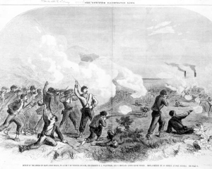 Print of the defeat of the Confederates on Santa Rosa Island showing several figures firing their weapons.
