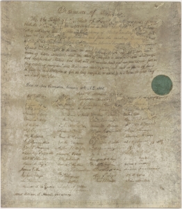 Handwritten ordinance of secession with 65 signatures.